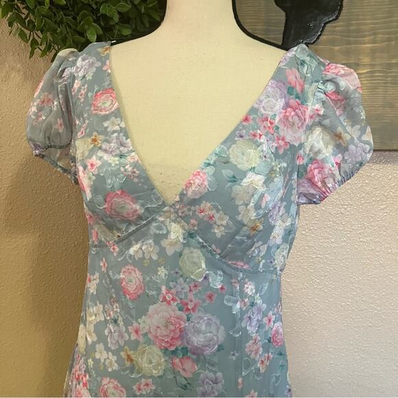 NWOT Lulus Elegant Personality Slate Blue Floral Burnout Midi Dress - Picture 3 of 10